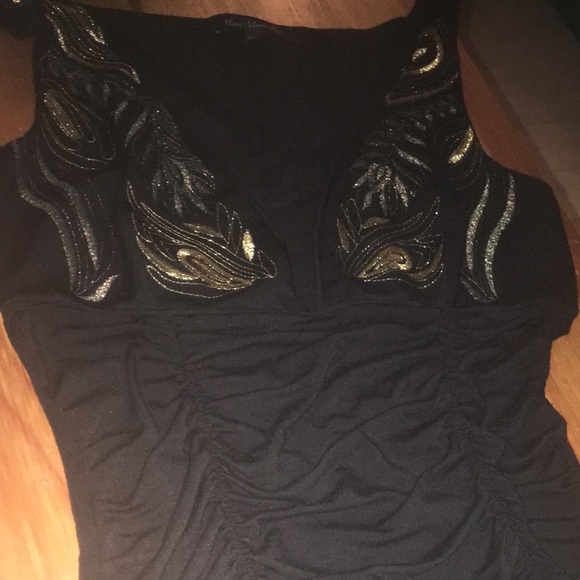 EUC VINTAGE Art Deco Inspired Embroidered Plunging V Neck Tank Top with ruching - Picture 2 of 15